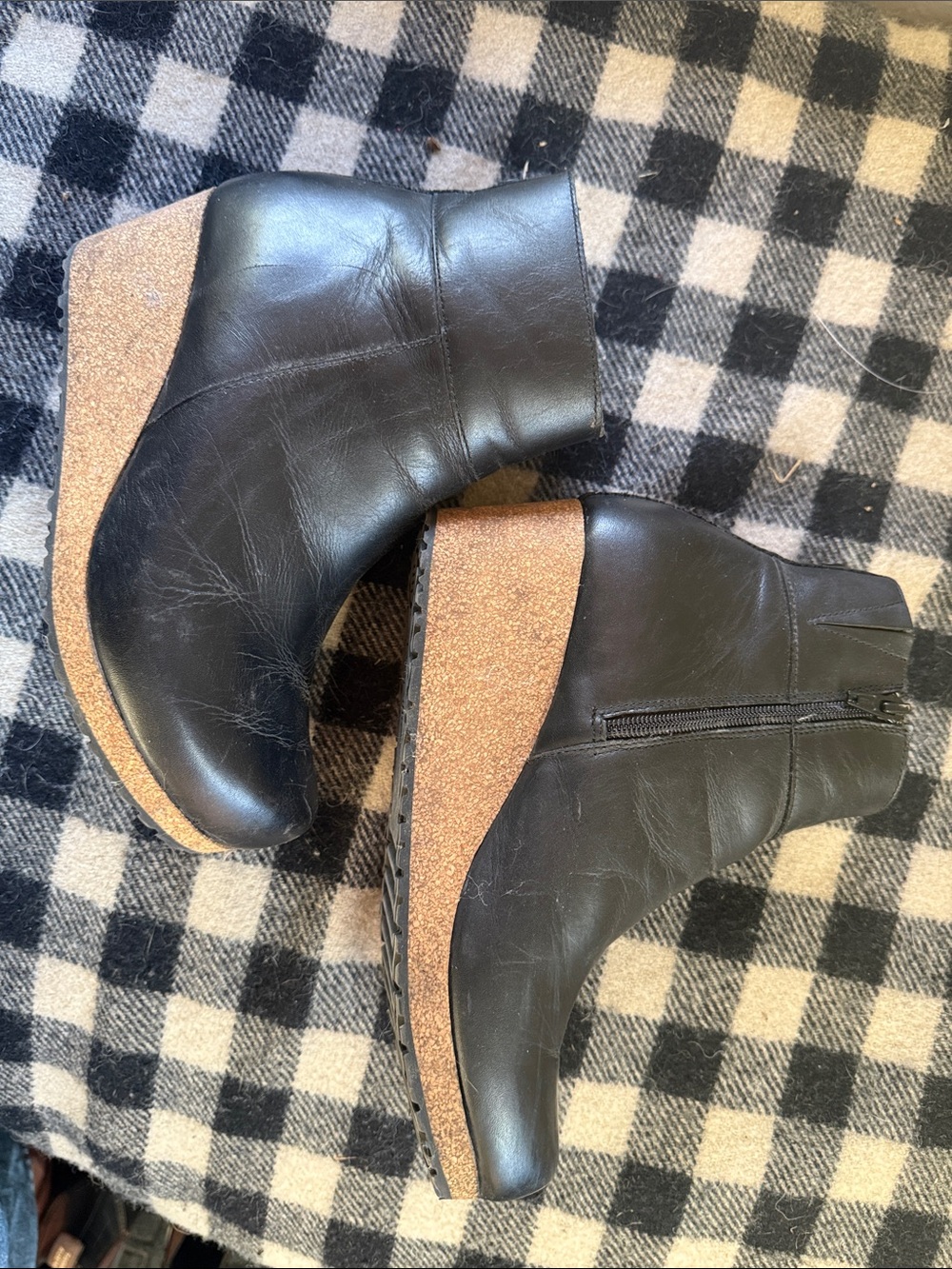 Papillio Black Leather Wedge Ankle Boots with Cork Platform